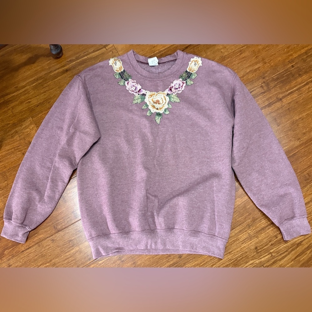 Vintage 80/90s Sweatshirt Floral Appliqué Trim Heathered Mauve SZ: M-L - Picture 3 of 6
